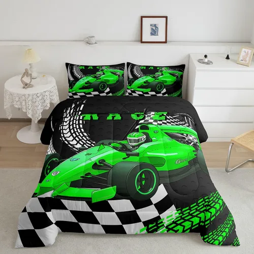 Miniatura 28 de Erosebridal Juego de edredón individual de motocicleta de carreras para niños, juego de ropa de cama de panal con luces de neón azules, motocross