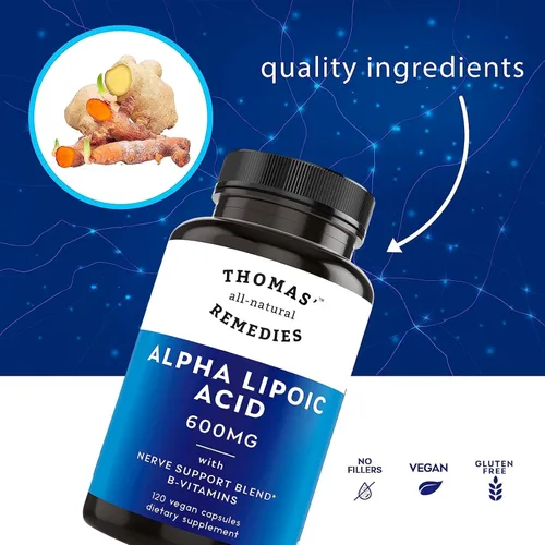 Miniatura 2 de Thomas' all-natural Remedies Ácido alfa lipoico 600 mg, 120 cápsulas con vitaminas B, vegano, sin rellenos
