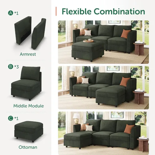 Miniatura 6 de HONBAY Sofá seccional modular con almacenamiento en forma de L sofá seccional, sofás convertibles para sala de estar - verde