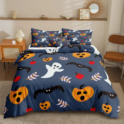 Miniatura 33 de Juego de funda de edredón de calabaza para Halloween, divertido diseño de calabaza malvada, color negro, juego de ropa de cama Tiwn 1 funda