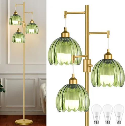 Miniatura 23 de Lámparas de pie doradas para sala de estar lámpara de pie vintage con forma de L de vidrio y tres bombillas led, lámpara de pie verde de latón