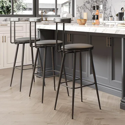 Miniatura 6 de Taburetes de bar, juego de 2 taburetes de cocina altos, sillas de bar con respaldo y reposapiés, taburetes industriales con asiento suave de PU