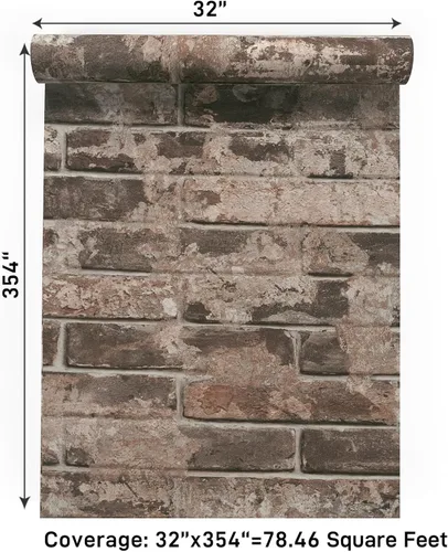 Miniatura 7 de VaryPaper Papel tapiz retro de ladrillo marrón de 32''x354'' despegar y pegar para dormitorio, papel de contacto de ladrillo sintético, impermeable