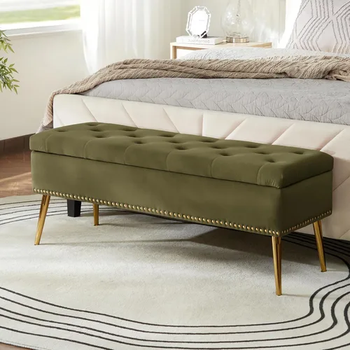 Miniatura 9 de HULALA HOME Moderno banco otomano de almacenamiento de terciopelo con base dorada y borde de cabeza de clavos, banco tapizado para dormitorio