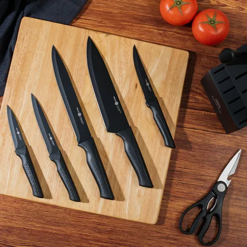 Miniatura 9 de Juego de cuchillos de cocina de 15 piezas con bloque y afilador integrado, apto para lavavajillas, mango antideslizante, 6 cuchillos para carne
