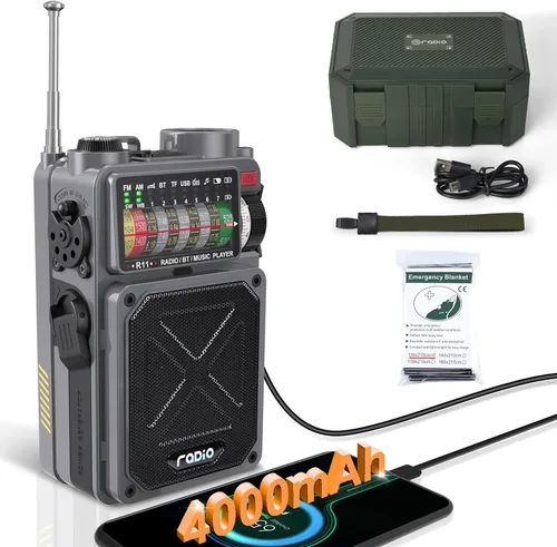 Miniatura 10 de Emgykit R11 Radio de emergencia de manivela - 4000 mAh/14800 mWh NOAA/SW/AM/FM, carga solar/manual/USB, receptor Bluetooth/USB/reproducción TF
