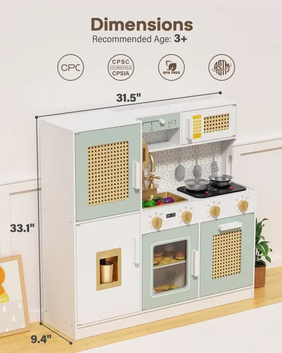 Miniatura 5 de Babytronic Juego de cocina de madera para niños, cocina de juego de simulación rosa con luces y sonidos, juguete de cocina de estilo retro para Verde