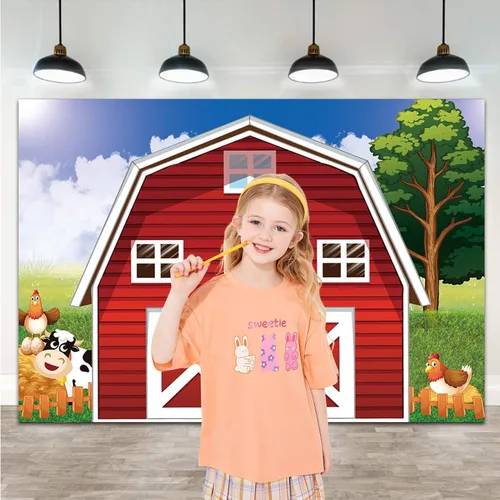 Miniatura 2 de Telón de fondo de fotografía de granja de dibujos animados de 7 x 5 pies, animales rústicos, granero rojo, fondo de fotos para niños, decoración