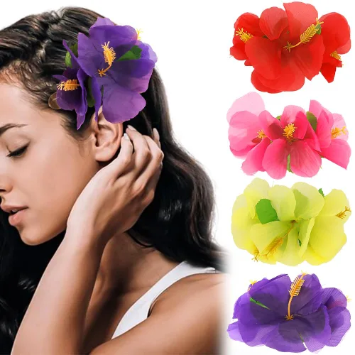 Ahoney 4 Piezas Accesorios para el Cabello de Flores de Hibisco Hawaiano - Pasadores Artificiales de Gasa, Horquillas para Mujeres, Niñas,