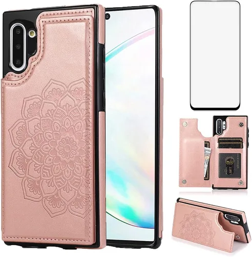 Funda diseñada para Samsung Note 10 con protector de pantalla de vidrio templado, ranura para tarjetas de crédito, cartera de piel sintética, funda