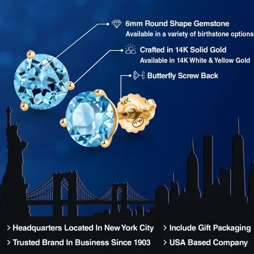 Miniatura 234 de Gem Stone King Aretes de Martini de oro amarillo de 14 quilates Aretes de tuerca de 3 puntas para mujeres y hombres Redondos de 0.236 pulgadas