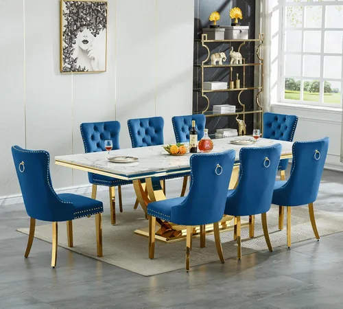 Miniatura 16 de Juego de mesa de comedor grande y moderna de mármol sintético blanco de 94.5 pulgadas, juego de mesa de comedor de 10 piezas con 10 sillas tapizadas
