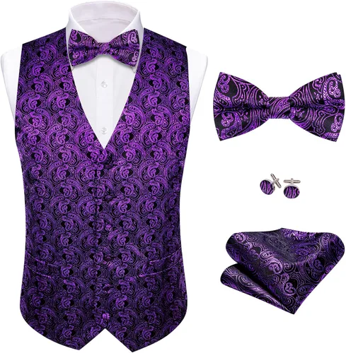 Miniatura 2 de Barry.Wang Conjunto de chaleco de pajarita para hombre, chaleco con cuello en V de seda jacquard de cachemira, gemelos de pañuelo formal/ocio, boda