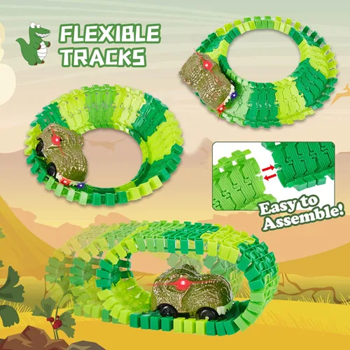 Miniatura 2 de BEMITON Pista de autos de carreras de juguetes de dinosaurios, crea una carrera de carretera mundial de dinosaurios, juego de juguetes flexibles