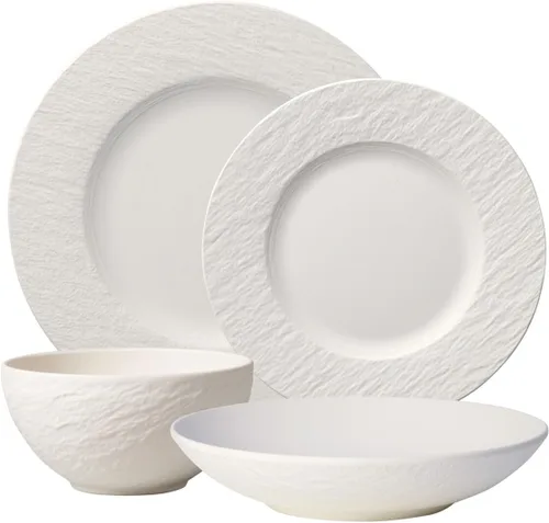 Villeroy & Boch Manufacture Rock Blanc - Juego de 4 platos y cuencos, porcelana premium, fabricado en Alemania, blanco mate