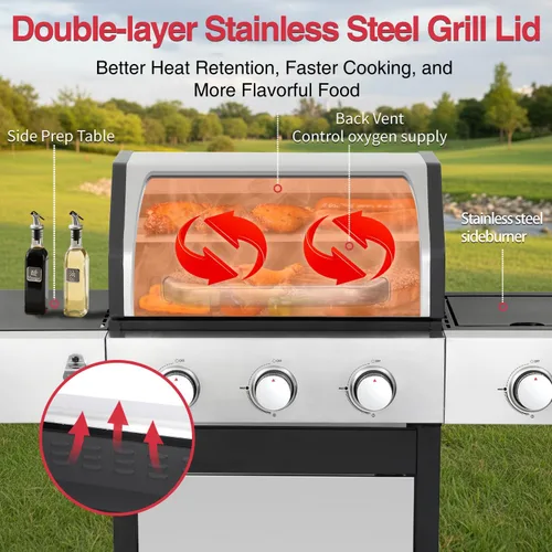 Miniatura 4 de Parrilla de gas propano 3+1 quemador de 39,000 BTU con rejillas de hierro fundido y quemador lateral, tapa de acero inoxidable de doble pared, calor