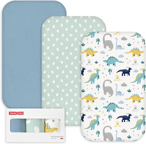 Miniatura 26 de Gllquen Baby Sábanas de Muselina para Moisés Paquete de 3, Sábanas Ajustadas de Algodón Transpirables Elásticas y Acogedoras para Colchón de Moisés