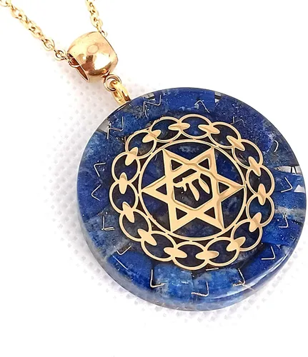 Collar con colgante de energía de orgón con estrella de David Chai de acero dorado y auténticas piedras de lapislázuli. Fabricado en Estados Unidos