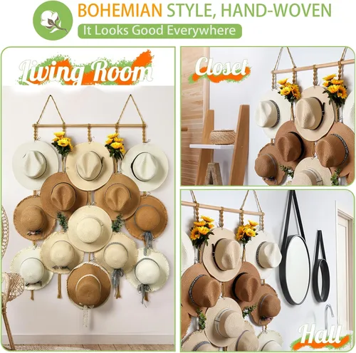 Miniatura 7 de Organizador de Sombreros de Macramé para Pared 15 Clips 31x53 Pulgadas Colgadores Grandes Exhibidor para Sombreros Fedora para Soporte de Sombreros
