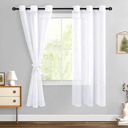 Miniatura 38 de Hiasan - Cortinas traslúcidas de gasa cortas semitransparentes con ojales y alzapaños filtrantes de luz para ventana, dormitorio, baño, 2 paneles