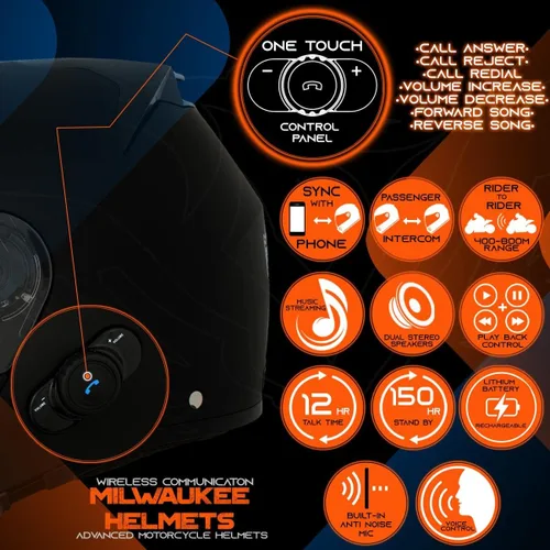 Miniatura 4 de Milwaukee Helmets H7005 Flat Black MayDay Modular Casco de motocicleta inalámbrico de cara completa - Stream Music-Llamadas telefónicas