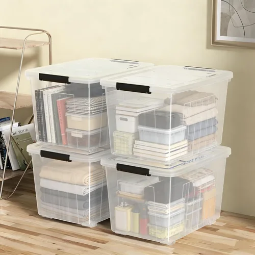 Miniatura 6 de Contenedor de almacenamiento apilable de 50 litros con tapa, contenedor de plástico con pestillos resistentes para organizar, transparente, paquete