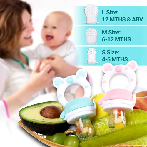 Miniatura 3 de Chupete alimentador de frutas para bebés, alimentador de alimentos frescos, dentición de frutas para bebés de 3 a 24 meses, 6 bolsas de silicona Cian