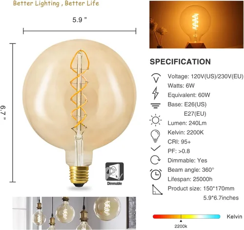 Miniatura 2 de Bombilla Edison E26 vintage de gran tamaño, regulable de 6 W, vidrio ámbar, blanco cálido 2200 K, sin parpadeo, CRI90, equivalente a 60 W, bombilla