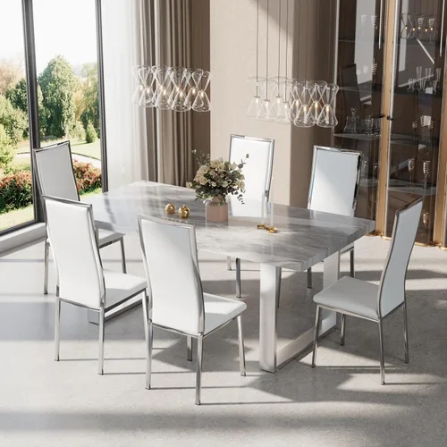 Miniatura 5 de Juego de 4 sillas de comedor modernas - Piel sintética blanca con patas de metal cromado plateado, diseño de respaldo alto curvo y acolchado tipo