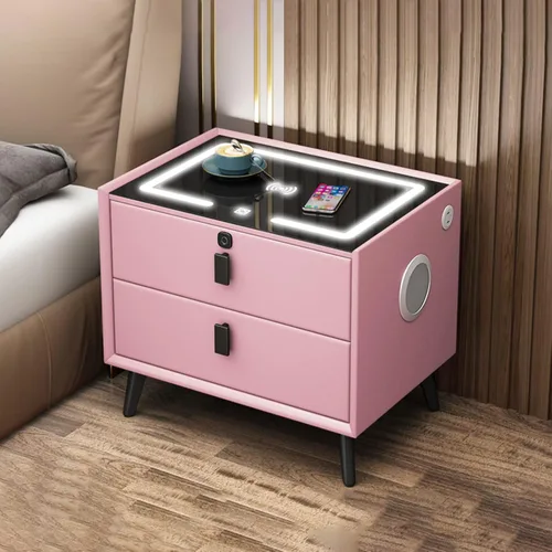 Miniatura 10 de Mesita de noche con estación de carga, mesas auxiliares de dormitorio con bloqueo de huellas dactilares y altavoz, moderna mesita de noche con luz