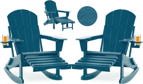 Miniatura 13 de Mecedora plegable Adirondack, silla de patio multifuncional 4 en 1 con otomana retráctil, silla de exterior con textura de madera, silla de césped
