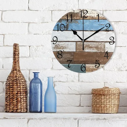 Miniatura 3 de Reloj de pared rústico retro con puerta de granero de madera, marrón, azul, funciona con pilas, silencioso, sin tictac, 10 pulgadas, reloj de mesa