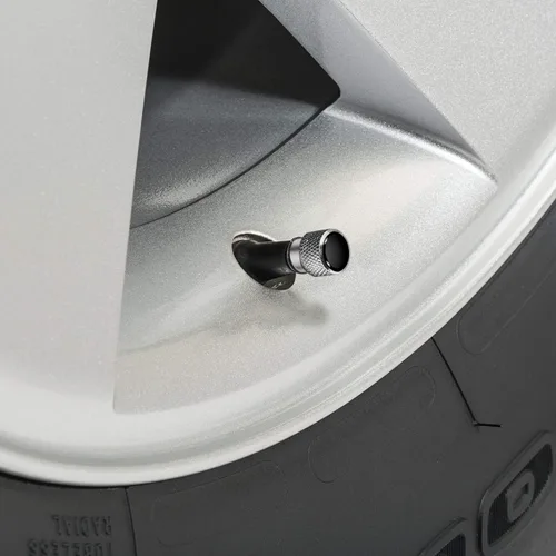 Miniatura 3 de iPick Image Tapones de válvula de neumático de aluminio de alta calidad para Cadillac Script, color negro sobre plata brillante, con licencia