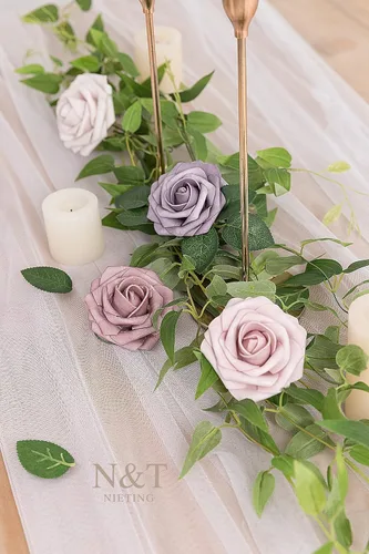 Miniatura 507 de N&T NIETING Flores artificiales, rosas artificiales de color rosa intenso, 50 piezas de flores falsas con tallo para ramos de boda DIY, centros