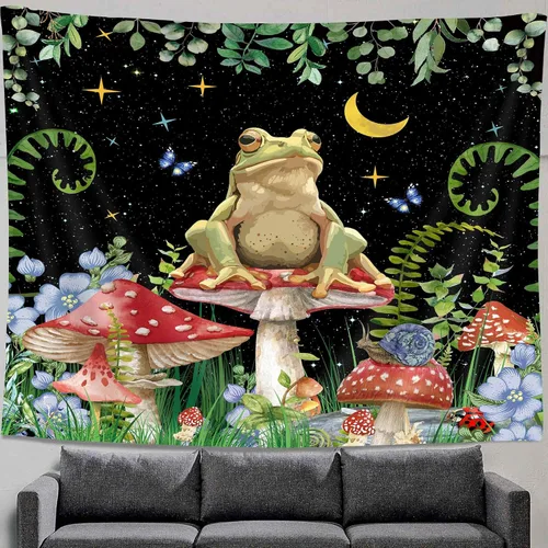 Miniatura 5 de JAWO Tapiz bohemio de hongos de rana, estrellas de luna para colgar en la pared, divertida decoración de casa de campo para dormitorio, sala