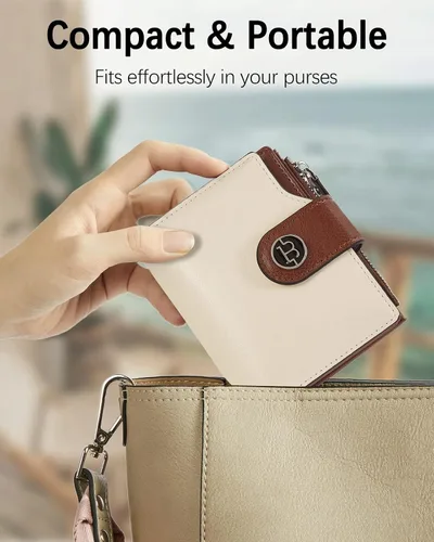 Miniatura 4 de BOSTANTEN - Billetera de cuero para mujer, pequeña, con bloqueo RFID, de dos pliegues, bolsillo con cremallera, tarjetero con ventana para 1-beige