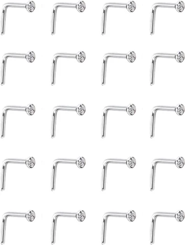 Miniatura 4 de 20 Piezas Piercing de Nariz Curvado Anillo de Nariz de Acero Inoxidable con Cristales Forma en L Tornillo de Nariz Joyería de Piercing, Calibre 20