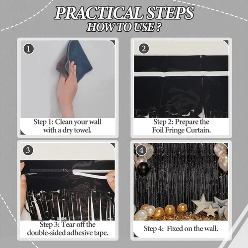 Miniatura 2 de DECOCKRAT Paquete de 3 Telón de Fondo de Flecos de Papel Aluminio - Cortinas de Oropel Negro Brillante para Decoración de Fiestas/Accesorios