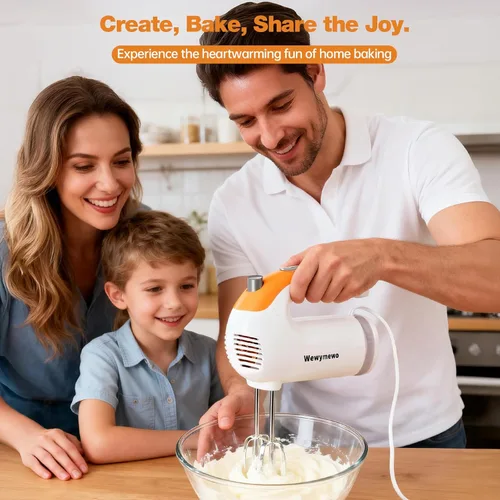 Miniatura 5 de Batidora de mano eléctrica de 300 W, batidora de cocina de mano de 5 velocidades con batidores de acero inoxidable 304, ganchos para masa y batidor