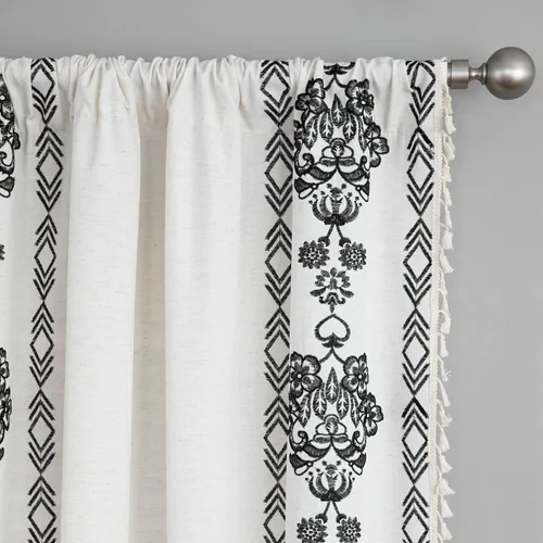 Miniatura 3 de VOGOL Cortinas bohemias de 84 pulgadas de largo, cortinas decorativas con textura de lino para sala de estar, patrón de flores negras, bolsillo