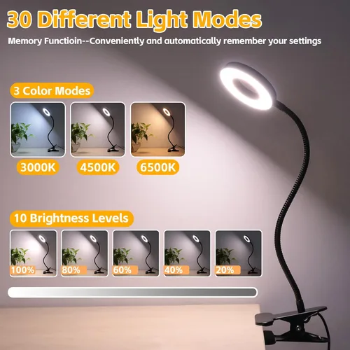 Miniatura 5 de Foneso Lámpara de escritorio con clip, luz de 48 LED, USB, con 3 modos de color, 10 niveles de brillo, protección ocular, cuello de ganso flexible