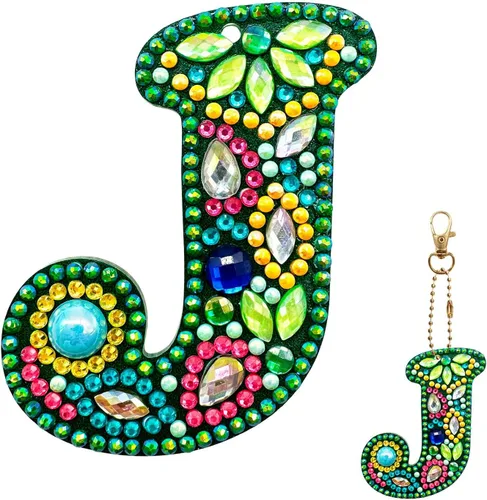 YOYA Llaveros de Pintura de Diamantes de Doble Cara Letras 5D Kit de Llavero de Pintura de Diamantes DIY Taladro Completo Arte de Diamantes con J