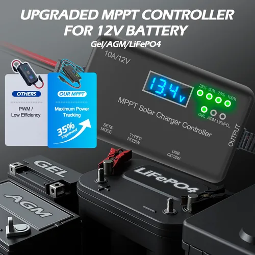 Miniatura 4 de Controlador de carga solar MPPT de 10 A, 12 V, 30 V máximo COV 22 W tipo C y 18 W USB de carga rápida LCD, protección múltiple Controlador