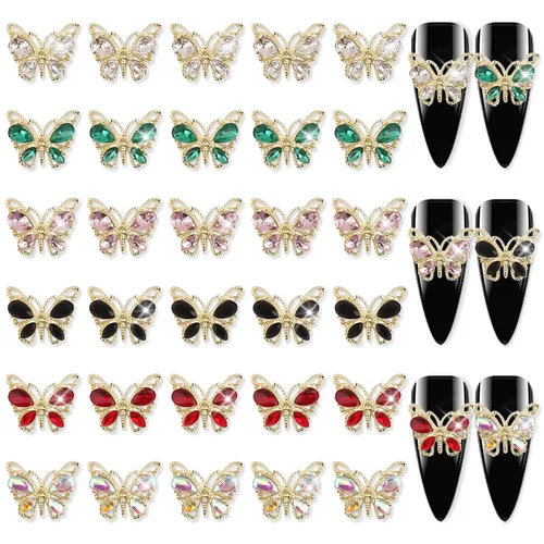WOKOTO 30 piezas de diamantes de imitación coloridos 3D de mariposa para uñas acrílicas, mariposa dorada 3D para uñas, dijes de diamantes de