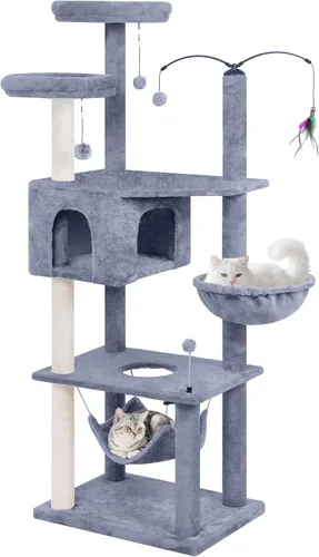 Miniatura 7 de AIWIKIDE Árbol grande para gatos, torre para gatos con condominio de varios niveles, hamacas, juguete giratorio (gris, 63.4 pulgadas)