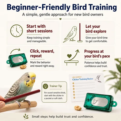Miniatura 7 de LBH MARKET Kit de entrenamiento de clicker de aves con palo de objetivo, palo de entrenamiento de aves acrílico de 9 pulgadas y caja de clicker