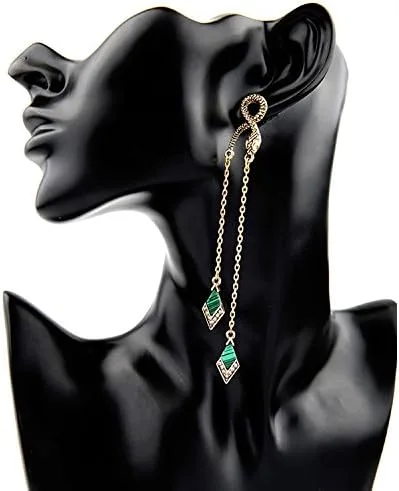 Miniatura 7 de Pendientes de serpiente de gota larga con diamantes de imitación verde vintage, Piedra de malaquita