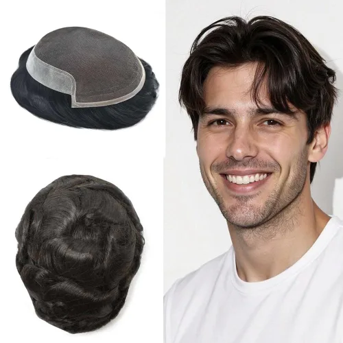 Miniatura 37 de LYRICAL HAIR Sistema de cabello humano con encaje frontal francés para hombres, tupé de piel de polietileno para hombres, línea capilar natural