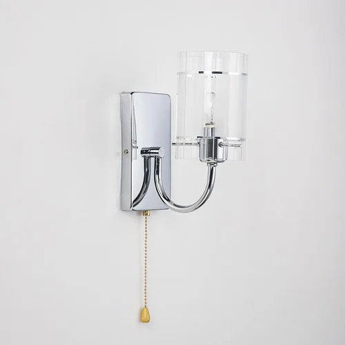 Miniatura 8 de Aplique de pared de vidrio transparente con interruptor de cadena de tracción, lámpara de tocador de baño cromada, cilíndrica, moderna, de mediados