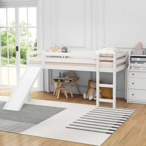 DORTALA Cama alta individual con tobogán, marco de cama individual para niños, niños pequeños, jóvenes, cama baja con tobogán, escalera, rieles de